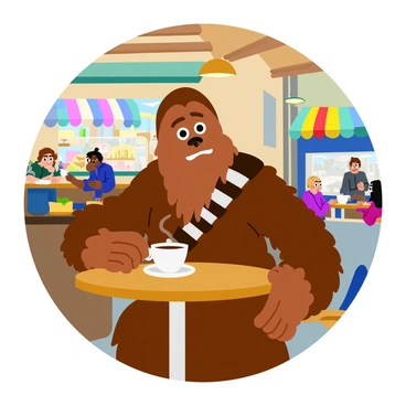 Chewbacca, a tall Wookiee with brown fur and distinctive bandolier, is sitting at a small round wooden table in a cozy café. He holds a steaming cup of coffee with both hands, his large furry fingers wrapped around the porcelain mug. The café has soft lighting and wooden beams, creating a warm atmosphere. There are pastries displayed in a glass case nearby, and a few patrons can be seen enjoying their drinks at other tables. A window shows a view of a bustling street outside, with colorful awnings framing the scene.