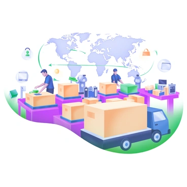 A modern pastel illustration depicting a production line filled with various products such as electronics, toys, and clothing. Workers in uniforms are assembling items at different stations along the line. Cartons filled with finished products are stacked neatly on pallets, ready for shipment. In the background, a large world map is visible, with arrows indicating shipping routes and small icons representing different countries. A delivery truck is parked nearby, loaded with boxes marked for international delivery.
