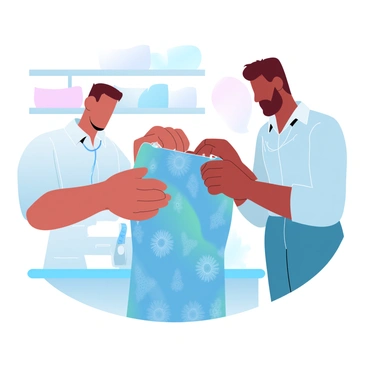 A tailor is adjusting a newly cut bubu gown on a customer. The tailor is focused, using pins to secure the fabric while holding the gown against the customer’s frame. The gown is made of vibrant fabric with intricate patterns. The customer stands still, wearing a plain undershirt underneath the gown. In the background, a sewing machine and various fabrics can be seen, adding to the atmosphere of a busy tailoring shop. A measuring tape hangs around the tailor's neck, emphasizing the precise work being done.