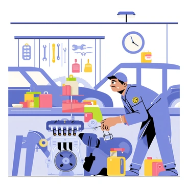 A mechanic wearing a blue jumpsuit and a cap is intently focused on fixing a car engine. The repair shop is filled with various tools hanging on the walls and a workbench cluttered with wrenches and oil cans. Several cars in different stages of repair are visible in the background, along with a bright overhead light illuminating the mechanic’s workspace. The mechanic has a serious expression as he holds a wrench, with engine parts spread out around him. A wall clock shows the time, indicating a busy environment.