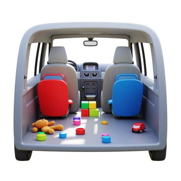 A spacious minivan interior featuring a light gray upholstery. There are several child seats installed, one red and one blue, secured in the back row. Scattered around the floor are colorful toys, including a plush teddy bear, a set of building blocks in various colors, and a small toy car. The dashboard is modern, with a touchscreen display and cup holders. Sunlight streams through the windows, casting soft shadows inside the vehicle.