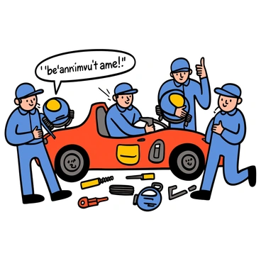A pit stop scene with a team of mechanics working efficiently around a racing car. The car is vibrant red with racing decals. Teammates are wearing matching blue uniforms with helmets under their arms, displaying determination on their faces. One mechanic is refueling the car while another is checking the tires with a handheld tool. A third teammate is giving a thumbs-up and shouting words of encouragement. There are tools and equipment scattered around, and the atmosphere is filled with a sense of urgency and teamwork.