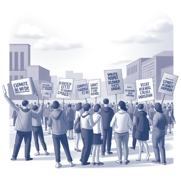 A city square filled with a diverse group of individuals gathered for a protest. People are holding signs that convey urgent messages about climate action, with large, bold text clearly visible on each sign. The crowd is animated, some individuals are raising their fists, while others are shouting slogans. The background features surrounding buildings typical of an urban environment, with a clear view of the square’s pavement. The sky is filled with visible clouds, hinting at a dynamic atmosphere.