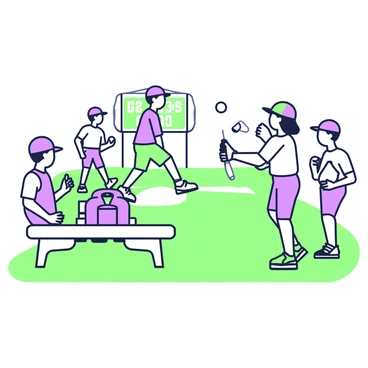 A group of children is practicing baseball on a well-maintained field. They are wearing baseball caps and jerseys, with some players in green shorts and others in purple shorts. In the center, a boy is pitching the ball towards a girl who is preparing to bat, holding a shiny new bat. A baseball glove lies on the grass nearby. A purple helmet rests on a nearby bench, next to a green backpack filled with new baseballs. In the background, a scoreboard can be seen, with numbers displayed prominently. The scene captures the excitement and energy of youth sports.
