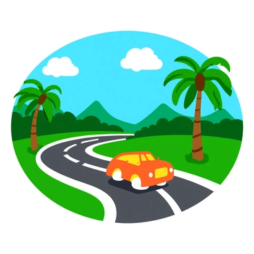 A car cruising down a tropical road with palm trees and clear blue skies overhead