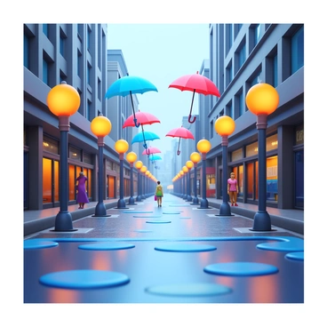 A city street on a rainy day, featuring a variety of "colorful umbrellas" opened above pedestrians. "Puddles" on the ground are reflecting light from nearby street lamps and building windows, creating a vibrant scene. The wet pavement shows "reflections" of the colorful umbrellas and surrounding architecture, enhancing the visual depth of the image.