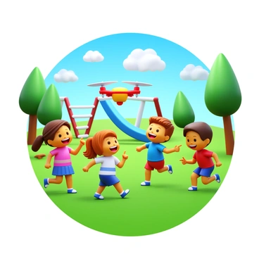 A group of children playing with a toy drone in a schoolyard during recess. The children are laughing and running around, some are pointing at the drone as it hovers above them. The drone is brightly colored, with red and blue accents, and is flying low over the grass. In the background, there are swings and a slide, with trees lining the edges of the playground. The sky is clear with a few fluffy clouds, creating a lively atmosphere filled with joy and excitement.