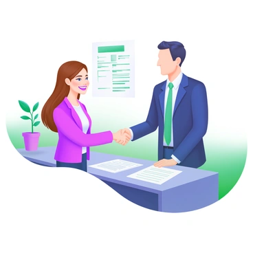 A modern pastel illustration depicting a "satisfied customer" and a "banker" shaking hands. The customer, a young woman with brown hair and a bright smile, is wearing a business casual outfit. The banker, a middle-aged man in a suit and tie, appears pleased and is standing across from her. In the background, there is a desk with loan documents and a potted plant. The setting conveys a sense of accomplishment and professionalism.