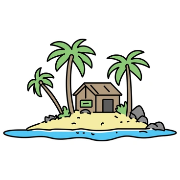 A secluded tropical island features a sandy shoreline with gentle waves lapping at the edge. In the center of the island, there are several tall palm trees with lush green fronds swaying in the breeze. Nestled among the trees is a hidden pirate hideout, represented by a small wooden structure made of weathered planks. The hideout has a thatched roof and is partially obscured by creeping vines. Scattered throughout the island are large rocks and patches of vibrant green foliage, enhancing the sense of seclusion. A distant view of the ocean can be seen beyond the trees, creating a tranquil atmosphere.