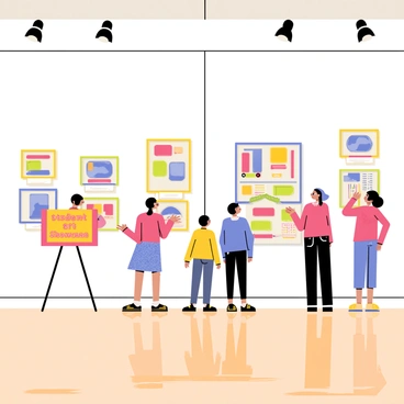 An art gallery with white walls showcasing various illustrated projects created by students. Each project is framed in colorful frames, showcasing a range of styles and themes. The floor is made of polished wood, reflecting the light from overhead spotlights. A small group of visitors, consisting of students and parents, are admiring the artworks. A vibrant "Welcome to the Student Art Showcase" sign is prominently displayed at the entrance.