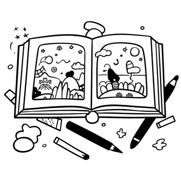 An open children's book with pages displaying intricate black-and-white illustrations of whimsical characters and landscapes. Surrounding the book are various art supplies, including paintbrushes, pencils, and crayons, scattered across a wooden table. The book lies partially open, inviting engagement, while the art supplies create a creative atmosphere.