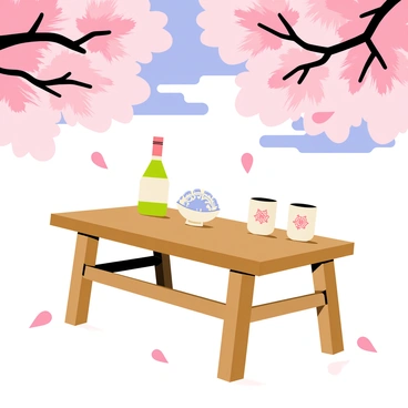 A picturesque scene featuring a traditional wooden table set beneath pink cherry blossom trees. On the table, there is a small bottle of sake alongside two ceramic cups with intricate patterns. Delicate cherry blossom petals are scattered around the table and gently falling from the branches above. The background shows a bright blue sky with a few fluffy clouds, adding to the tranquil atmosphere of the setting.