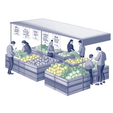 A bustling market scene filled with various stalls displaying an array of fresh produce. Each stall is laden with fruits and vegetables, neatly organized for customers to browse. There are wooden crates overflowing with green leafy vegetables, bright yellow squash, and various types of apples. Above the stalls, signage reads "Reduce Food Waste" and "Lower CO2 Emissions," highlighting the importance of sustainability. Shoppers are interacting with vendors, examining the goods and engaging in conversation, while others are seen selecting their produce. A few signs are hanging from the market awning, emphasizing the theme of environmental awareness. The atmosphere is lively, conveying a sense of community and shared purpose in promoting a sustainable lifestyle.