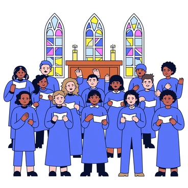 A vibrant church choir with members wearing matching dark blue robes. The choir is arranged in neat rows, with some members holding sheet music in their hands. Each singer has a focused expression as they sing, with some raising their hands in praise. Behind the choir, there are stained glass windows filtering in colorful light, and a wooden altar is visible in the background adorned with candles. The atmosphere conveys a sense of unity and devotion during the sermon service.