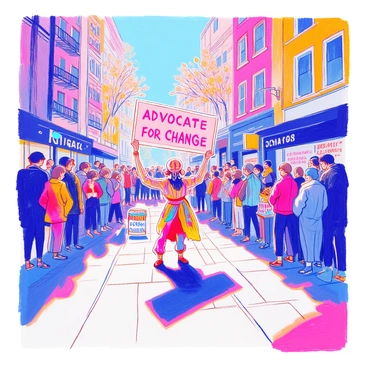 A street performance artist is standing on a bustling city sidewalk. The artist is dressed in a vibrant costume featuring bright colors and intricate patterns. They hold a large sign that reads "Advocate for Change" in bold letters. Surrounding the artist, a small crowd has gathered, all eyes focused on the performance. The backdrop includes tall buildings and trees lining the street, with a few passersby stopping to watch. The artist is in the middle of an expressive pose, conveying a sense of passion and determination. A small table nearby holds pamphlets about social change.