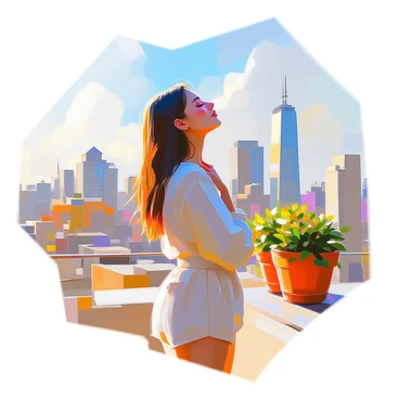A young woman on a city rooftop, breathing deeply and enjoying the skyline