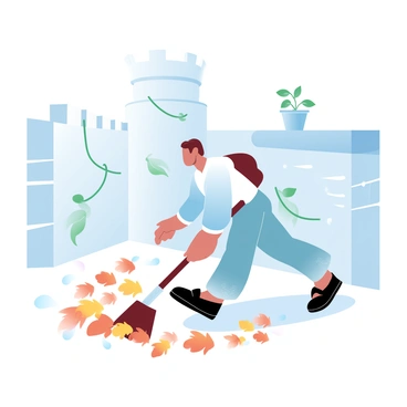 A servant is sweeping fallen autumn leaves with a broom in a stone courtyard. The courtyard is surrounded by tall stone walls adorned with creeping vines. The ground is covered in a carpet of vibrant orange, yellow, and brown leaves. The servant is wearing a simple, traditional outfit with rolled-up sleeves while concentrating on their task. A few scattered leaves swirl in the gentle breeze around them. In the background, a small potted plant sits on a ledge, adding a touch of greenery to the scene.