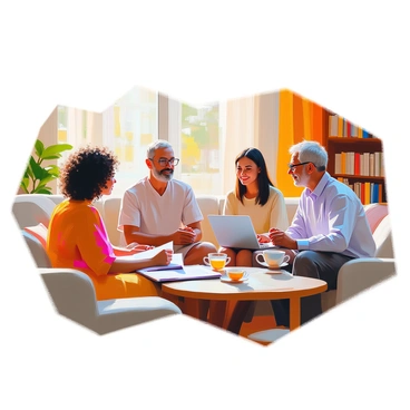 A group of four diverse individuals is sitting in a cozy living room, deeply engaged in a discussion about the ethics of genetic engineering. One person, a young woman with curly hair and glasses, is speaking passionately while holding a notebook. Next to her, a middle-aged man with a beard is listening intently, his hands resting on his knees. Across from them, a woman of Asian descent with long hair is taking notes on her laptop, and beside her, an elderly man with gray hair is nodding thoughtfully, holding a cup of tea. The room is warmly lit, with a comfortable sofa, bookshelves filled with books, and a few plants in the background.