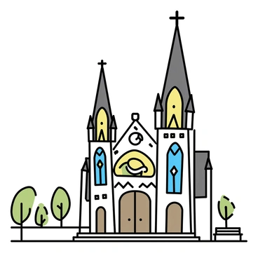 A gothic-style cathedral with towering spires reaching towards the sky. The spires are intricately detailed with sharp points and decorative elements. The façade of the cathedral features several large stained glass windows, showcasing vibrant colors and intricate designs. The windows depict various religious scenes and figures, illuminated by sunlight filtering through them. The entrance of the cathedral is grand, with wide steps leading up to large wooden doors. Surrounding the cathedral is a neatly maintained courtyard, with a few trees and benches present.