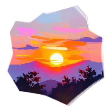 A sunset scene featuring a vibrant sky filled with shades of orange, pink, and purple as the sun dips below the horizon. The silhouette of mountains is visible against the colorful sky, and a few scattered clouds reflect the sunset colors. The foreground includes silhouettes of trees gently swaying, creating a sense of depth in the landscape. The overall composition captures the warmth and beauty of the transition from day to night.
