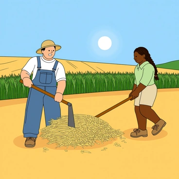 Two farm workers are laboring in a golden wheat field under a bright blue sky. The first worker, a man with tan skin and a straw hat, is using a large scythe to cut down bundles of wheat, with grains flying into the air. He is wearing a simple white shirt and denim overalls. The second worker, a woman with dark skin and braided hair, is gathering the cut wheat into neat piles, dressed in a light green blouse and beige shorts. In the background, rows of tall green plants can be seen, and the sun casts warm light across the entire scene. The wheat stalks sway gently in the breeze, adding movement to the tranquil environment.