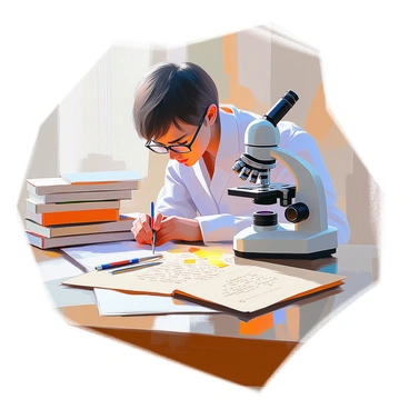 An investigator with short dark hair, wearing glasses, is intently peering through a microscope. The microscope is positioned over an old, weathered letter that is laid out on a wooden table. The letter features faded ink and delicate paper showing signs of age. Carefully placed next to the microscope are some tools, such as tweezers and a light source aimed at the letter. In the background, there are scattered books and documents that hint at a research atmosphere. The investigator's expression is focused and curious as they examine the hidden details of the letter under the microscope's lens.