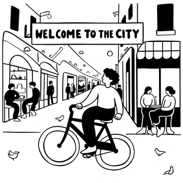 A woman with curly hair riding a vintage bicycle down a crowded city street. The bicycles wheels are in motion, creating a sense of speed. Shops with large windows displaying various goods are lined on either side of the street. People are sitting at small tables outside the cafes, engaged in conversation. Trees are positioned along the sidewalk, providing shade. A few pigeons are scattered on the ground, pecking at crumbs. "Welcome to the City" is written in large letters on a shop banner overhead.