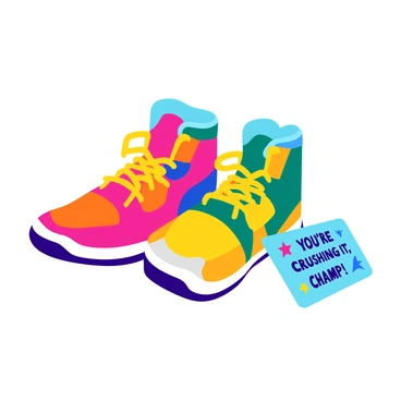 A colorful pair of sneakers, featuring bright laces and a mix of patterns on the fabric. The sneakers are positioned side by side, with their tongues slightly raised. Next to the sneakers is a small compliment card that reads "You're crushing it, champ!" in bold, cheerful letters. The card is placed at an angle and is adorned with playful, cartoon-style graphics like stars and lightning bolts. The entire scene is set on a light, solid surface to enhance the focus on the sneakers and the card.