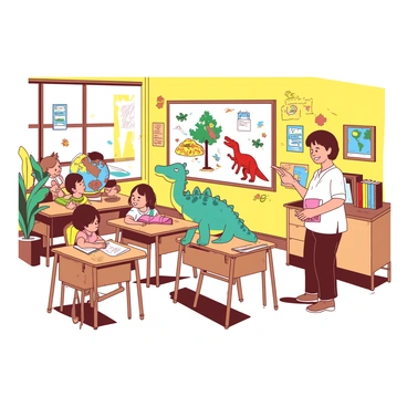 A yellow classroom filled with colorful decorations and desks arranged in neat rows. On one side, there are small human children sitting at their desks, engaging with colorful books and notebooks. On the other side, there are dinosaur students, including a small teal triceratops and a red velociraptor, also seated at desks. The triceratops is happily raising its hand, while the velociraptor looks curiously at a globe placed on the teacher's desk at the front. The teacher, a friendly-looking human, stands by the board, pointing at a colorful drawing of dinosaurs engaged in various activities. Sunlight streams through the windows, creating a warm and inviting atmosphere.