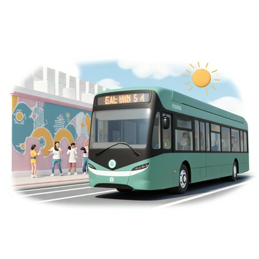 A green electric bus, with sleek lines and an illuminated display board, is driving down a vibrant city street. It is passing by a street art gallery, where large murals cover the walls. The murals feature bright colors and intricate designs depicting various scenes, including abstract shapes and urban landscapes. People are walking along the sidewalk, some pointing at the artwork, while others take photos. The sun shines overhead, casting light on the bus and the murals.