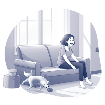 A pet owner is sitting on a comfortable couch, smiling widely as they share their testimonial about a pet product. The owner has short hair and wears a casual t-shirt, exuding a sense of joy and satisfaction. Nearby, a playful dog with a shiny coat is animating the scene, energetically chasing a toy across the living room floor. Sunlight streams in through a nearby window, casting soft shadows on the walls. The space is adorned with pet-related items, like a bowl and a bed, creating a warm and inviting atmosphere.
