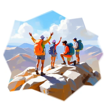 A group of hikers, consisting of three individuals with varying skin tones and clothing styles, is reaching the summit of a rugged mountain. The hikers have backpacks on, and one person is celebrating with raised arms, while another kneels to catch their breath. In the background, the expansive panoramic views reveal a vast landscape of rolling hills, valleys, and a clear blue sky with fluffy white clouds. Sunlight illuminates the scene, casting gentle shadows on the rocky terrain. The hikers' expressions convey a sense of achievement and awe as they take in the breathtaking scenery around them.