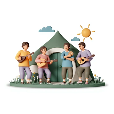 A group of four hobbits, each wearing colorful waistcoats and trousers, are gathered outside a round hobbit hole with a green door and a thatched roof. One hobbit is playing a small lute, another is strumming a wooden guitar, while a third is holding a flute, and the last is tapping a tambourine. They are smiling and laughing, with lush green grass and wildflowers around them. The sun is shining brightly in a clear blue sky, casting soft shadows on the ground.