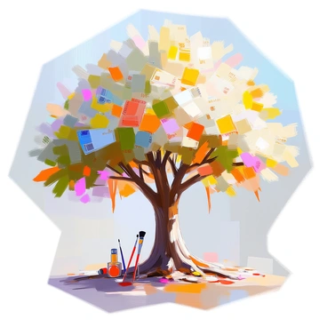 A large tree with a thick trunk and an expansive canopy is filled with leaves that resemble various currency notes in different denominations, their colors vibrant and varied. Nestled among the foliage are small paintbrushes of different sizes, some resting gently on the branches while others dangle like ornaments. The tree stands in a bright setting, with sunlight filtering through the uniquely shaped leaves, casting playful shadows on the ground below. The scene conveys a sense of creativity and abundance, blending the natural and artistic elements harmoniously.