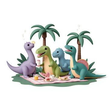 A group of colorful cartoon dinosaurs gathered together on a grassy patch, enjoying a picnic. A bright green T-Rex is sitting on a checkered blanket, munching on a large slice of watermelon. Next to it, a purple Triceratops is pouring lemonade from a pitcher into cups. A blue Stegosaurus is balancing a plate of sandwiches on its back while smiling at its friends. In the background, tall palm trees and lush ferns create a vibrant prehistoric jungle setting. Sunlight filters through the leaves, casting playful shadows on the ground. Each dinosaur is exhibiting a friendly expression, embodying a sense of fun and camaraderie.