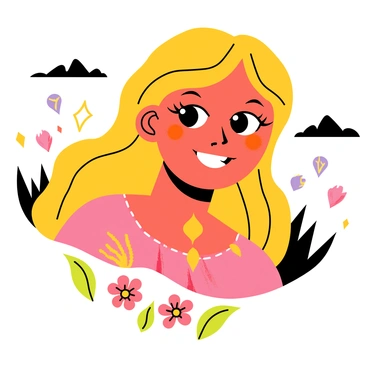 A close-up illustration of "Durga's face," featuring striking features that convey strength and resilience. Her eyes are wide and focused, radiating determination. She has a confident smile, and her hair flows brightly around her face. The background includes subtle elements symbolizing challenges, such as dark clouds or jagged mountains, contrasting with Durga's vibrant expression. Patterns of "flowers" and "light" surround her, enhancing the sense of encouragement and empowerment.
