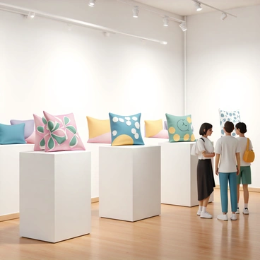 A spacious art gallery with white walls and polished wooden floors. Several unique pillow designs are displayed on sleek pedestals throughout the gallery. Each pillow features vibrant colors and intricate patterns, with one pillow showcasing a floral design in bright pink and green, another displaying geometric shapes in blue and yellow, and a third featuring a whimsical animal print. Soft spotlights illuminate each exhibit, highlighting the textures and details of the pillows. Visitors are seen walking around, admiring the creative designs with expressions of curiosity and appreciation.