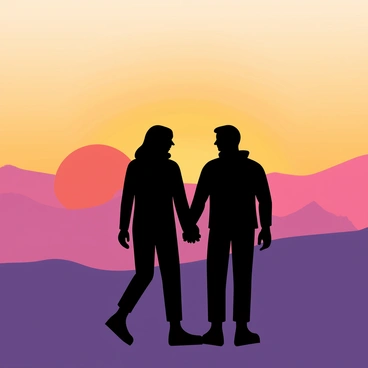 A silhouette of a couple holding hands as they walk together. The couple is positioned in the foreground, with their bodies resembling dark shapes against a vibrant sunset. The sunset features a gradient of warm colors, including orange, pink, and purple hues blending together. The sun is partially submerged on the horizon, casting a soft glow around the couple. Their hair and clothing are gently outlined by the fading light, creating a romantic atmosphere. The background includes a series of rolling hills that complete the scenic view of the sunset.