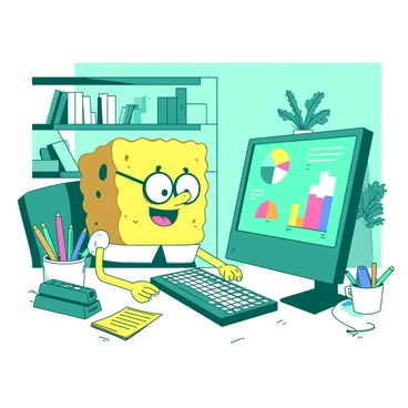 A sponge working at a desk with a computer, surrounded by office supplies in a cheerful workspace.