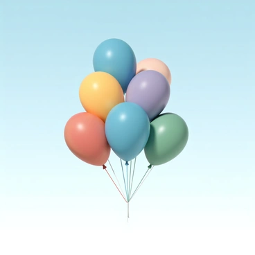 A cluster of 3D vector balloons in various colors, including red, blue, yellow, green, and purple, are floating upward into a clear blue sky. The balloons are attached to thin strings that sway gently in the light breeze. Each balloon is glossy and reflects sunlight, creating vibrant highlights. The background features a seamless, bright sky, stretching far into the horizon, accentuating the cheerful atmosphere created by the colorful balloons.