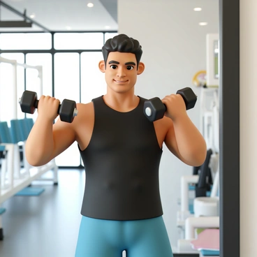An athlete, wearing a black sleeveless shirt and blue athletic shorts, is holding a dumbbell in each hand while performing hammer curls. The athlete is flexing their biceps and looking at their reflection in a large wall mirror. The background shows a well-equipped gym with various fitness equipment. The room is brightly lit, highlighting the athlete's focused expression and toned physique as they confidently take a selfie with a smartphone.