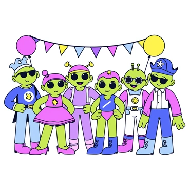 A group of aliens dressed in vibrant Earth costumes stands together at a lively costume party. Each alien has a unique appearance, with bright green and purple skin tones, large eyes, and antennae. They are wearing various costumes, such as a pirate, a ballerina, and a superhero, complete with accessories like hats, eyeglasses, and capes. The background features colorful banners and balloons that add to the festive atmosphere. Some aliens are laughing and posing for a picture, while others are engaging in conversation, showcasing their playful mimicry of human behavior.