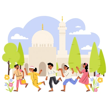 A bright morning scene with a clear blue sky and soft white clouds. In the foreground, a group of children wearing colorful traditional clothing, with some in vibrant dresses and others in cheerful kurta outfits, are joyfully running towards a large mosque. The mosque features a grand dome topped with a golden crescent and has minarets reaching upwards. Surrounding the mosque, there are lush green trees and colorful flowers in bloom, enhancing the festive atmosphere. The children are smiling and laughing, filled with excitement for the Eid prayers.