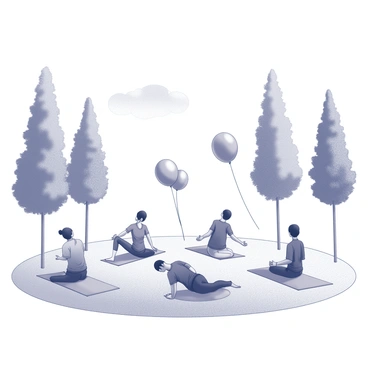 A park with a grassy area, where several individuals are practicing yoga on mats. The participants are in various poses, showcasing balance and concentration. Surrounding them are clusters of balloons in different shapes and sizes, gently floating in the air. There are tall trees in the background, providing shade, and a clear sky visible above. The overall atmosphere suggests tranquility and focus, with the yoga practitioners maintaining their poses amid the colorful balloons.
