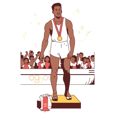 Jesse Owens, a tall athlete with a strong build, is standing proudly on the Olympic podium, wearing a white athletic uniform. He has short black hair and a focused expression as he gazes forward. In his right hand, he is holding a gold medal that glistens under the bright lights. Behind him, the podium has a simple design, and there are hints of cheering crowds in the background. The atmosphere is filled with a sense of triumph and accomplishment as he receives his medal, which symbolizes his historic achievements at the Olympics.