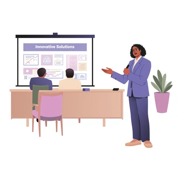 A confident speaker stands in front of a small audience in a conference room. The speaker is a woman with medium skin and curly black hair, wearing a tailored blue blazer and matching trousers. She is gesturing with her right hand while holding a remote control in her left hand. A projector screen behind her displays charts and graphs related to a start-up idea, with the title "Innovative Solutions" prominently shown at the top in bold white letters. The room has a wooden table with a few chairs around it, and a potted plant is placed in the corner. Bright overhead lights illuminate the space, creating a professional atmosphere.