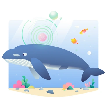 An underwater scene showcases a large blue whale swimming gracefully through the deep ocean. The whale's body is detailed with various shades of blue and hints of gray, reflecting the light filtering down from the surface above. Surrounding the whale, vibrant bubbles rise toward the surface, creating a dynamic atmosphere. Sound waves are visually represented as concentric circles radiating outward from the whale, surrounded by smaller fish that swim curiously nearby. The ocean floor is covered in soft sand, with scattered rocks and a few coral formations adding color to the scene.