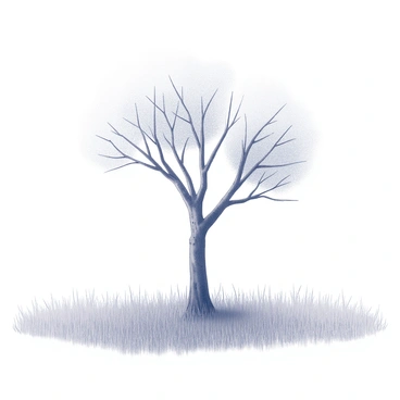 A solitary, stylized tree standing in a field of grass under a clear sky
