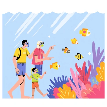 A family of four is snorkeling in clear blue waters, with sunlight filtering through the surface. The parents and two children are wearing colorful snorkeling gear. The children are excitedly pointing at a group of vibrant tropical fish swimming around a colorful coral reef. The reef is rich with various shapes and textures, featuring shades of pink, orange, and purple. Several fish, including a yellow butterflyfish and a clownfish, are visible among the coral, enhancing the lively underwater scene.