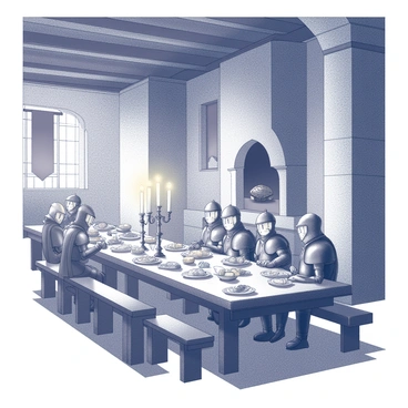 A large medieval castle interior is depicted with a high stone ceiling supported by wooden beams. A long wooden table stretches across the scene, laden with an array of dishes, including roasted meats, loaves of bread, and plates of fruits. Around the table, several knights in armor and nobles in elegant attire are seated, engaged in conversation and laughter. Candles flicker in ornate holders, casting soft shadows around the room. Banners hang from the walls, and a large fireplace is visible in the background, adding warmth to the setting.